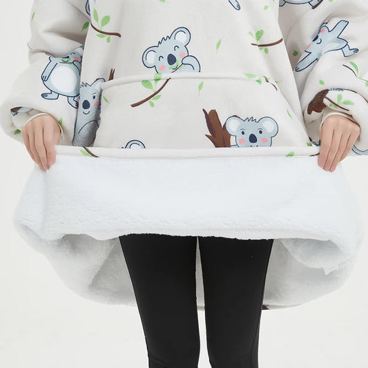 Kids Sherpa Hoodie White Koala Print – Oversized Wearable Blanket