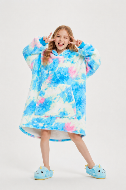 Kids Sherpa Hoodie Blue Pink Tie Dye – Oversized Wearable Blanket
