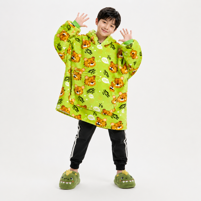 Kids Sherpa Hoodie Green Tiger Print – Oversized Wearable Blanket