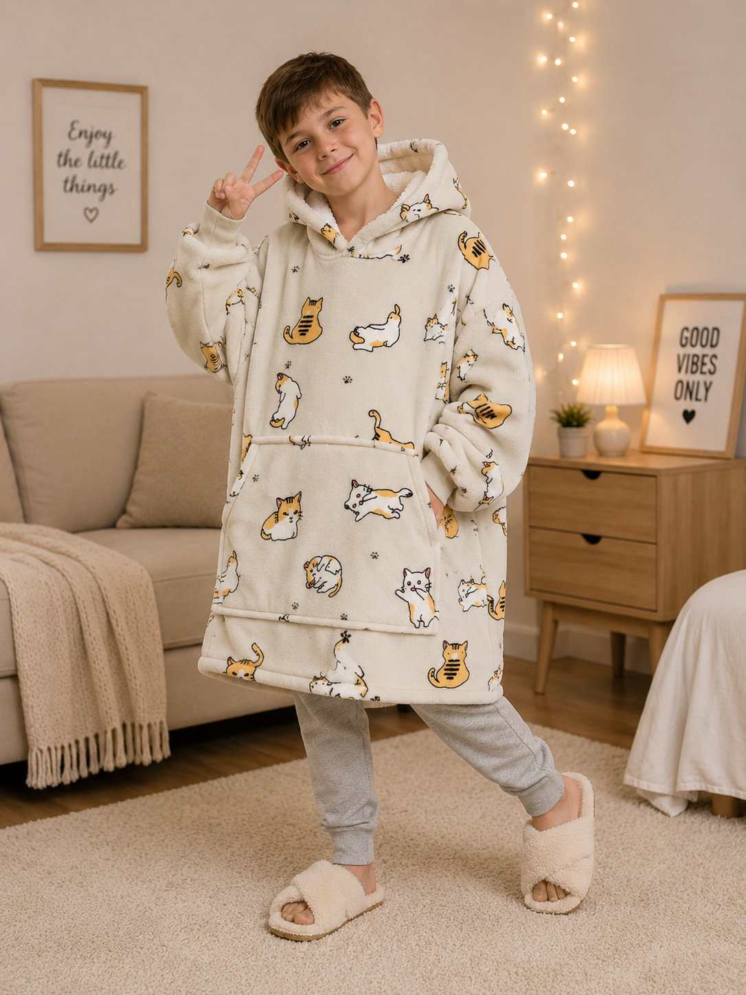 Kids Sherpa Hoodie Beige Cat Print – Oversized Wearable Blanket
