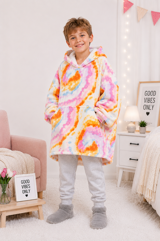 Kids Sherpa Hoodie Pastel Tie Dye – Oversized Wearable Blanket