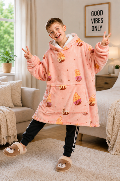 Kids Sherpa Hoodie Peach Ice Cream Print – Oversized Wearable Blanket