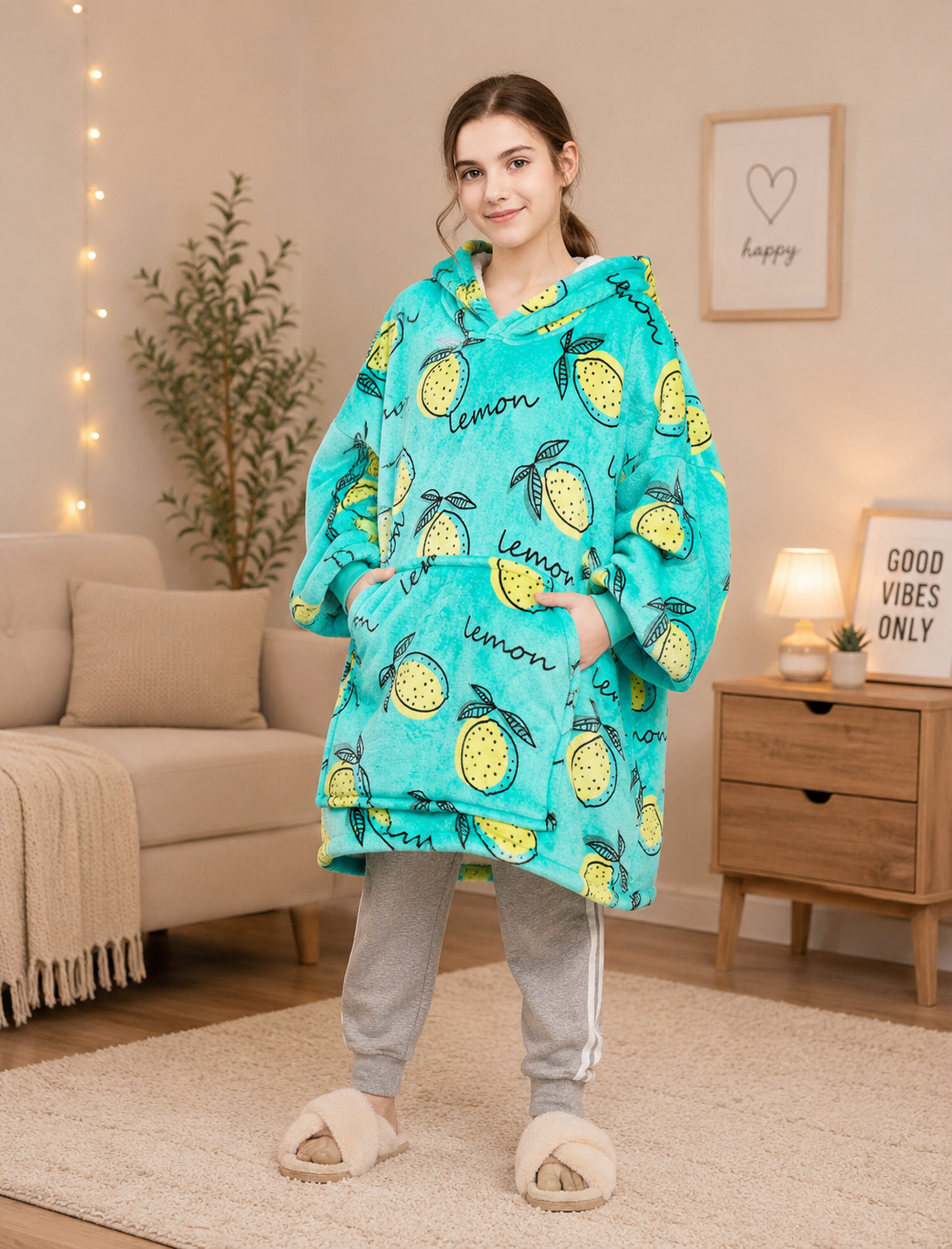 Kids Sherpa Hoodie Lemon Print – Oversized Wearable Blanket