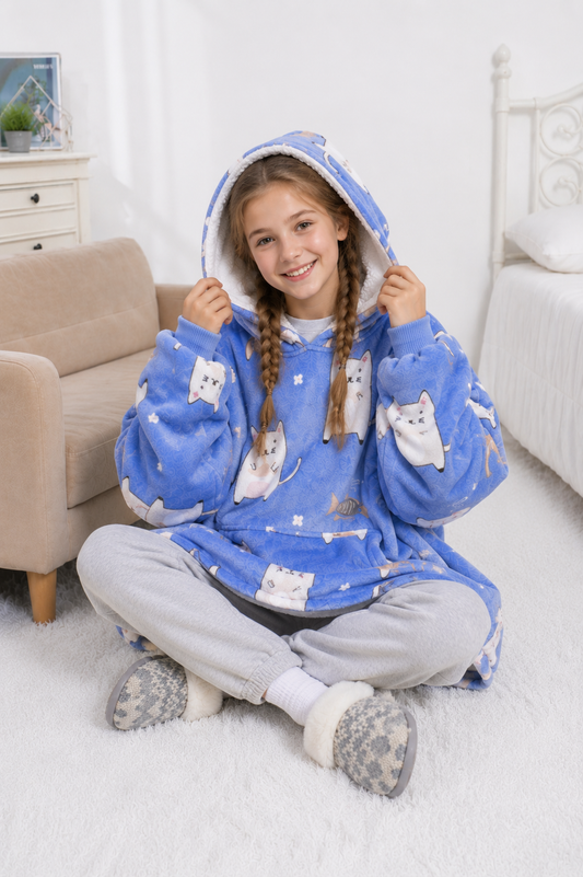 Kids Sherpa Hoodie Blue Cat Print – Oversized Wearable Blanket