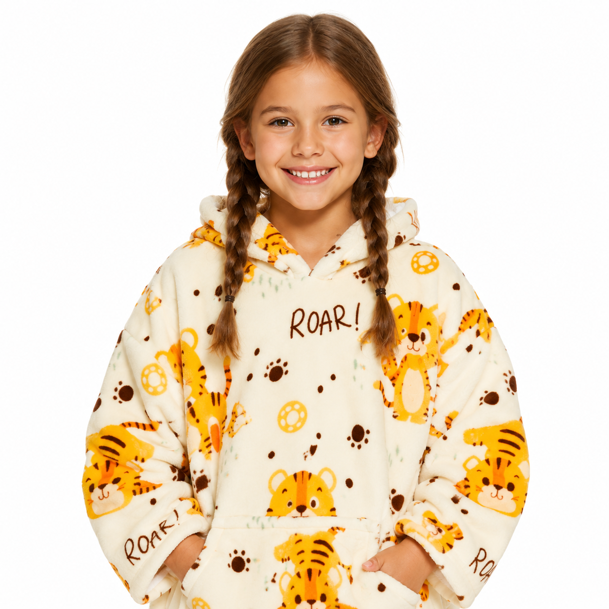 Kids Tiger Print Sherpa Hoodie Blanket – Oversized Wearable Blanket