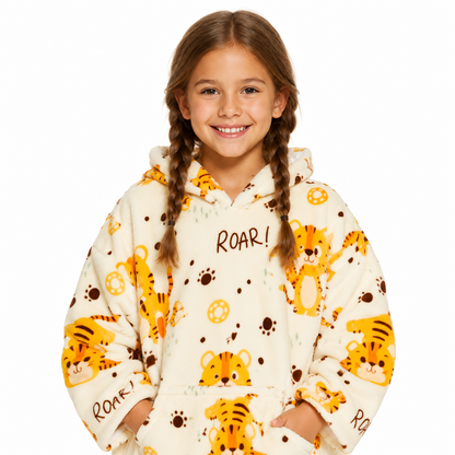 Kids Tiger Print Sherpa Hoodie Blanket – Oversized Wearable Blanket