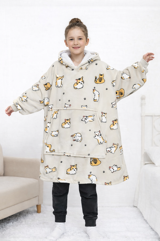 Kids Sherpa Hoodie Beige Cat Print – Oversized Wearable Blanket