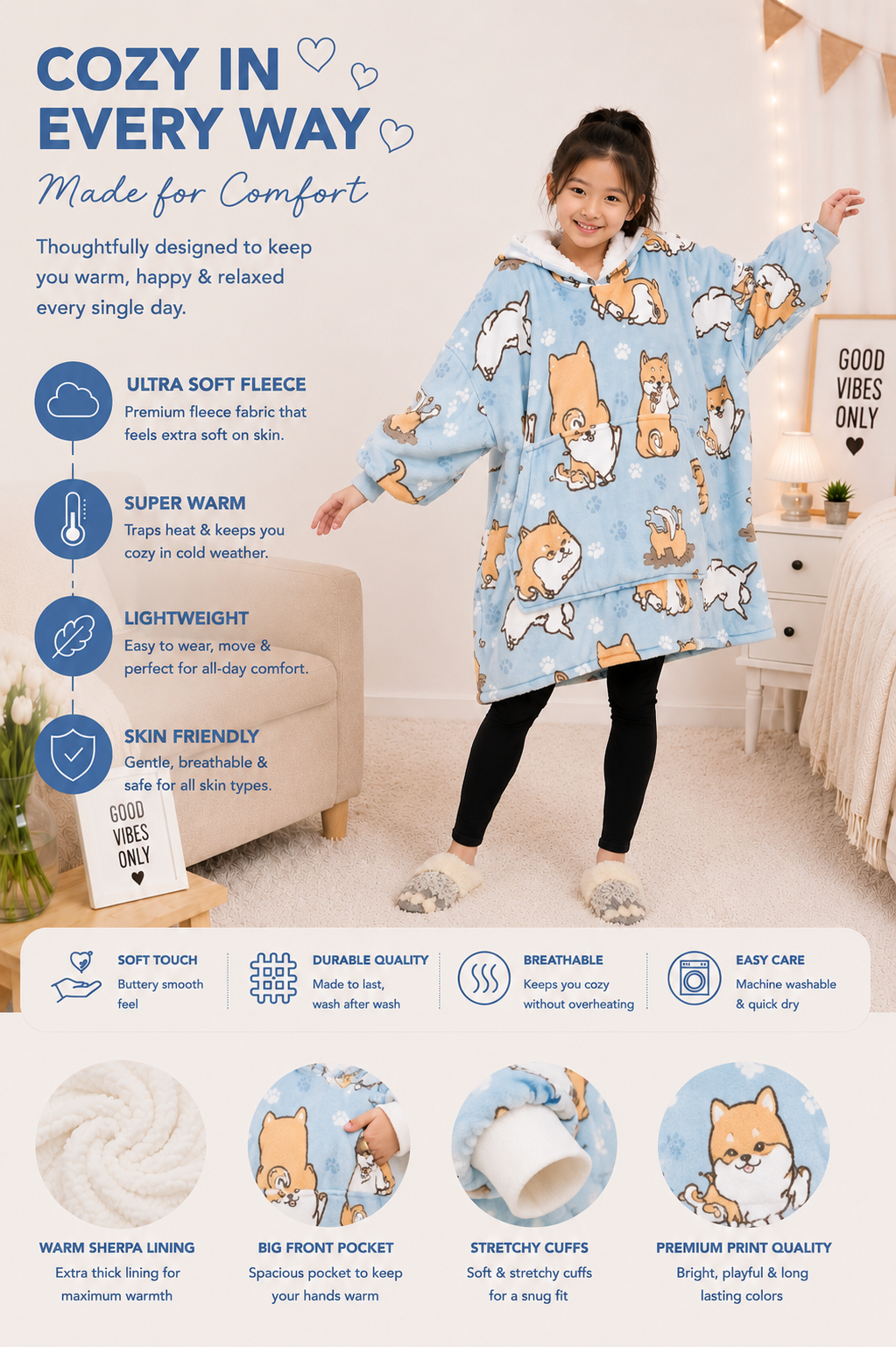 Kids Sherpa Hoodie Blue Dog Print – Oversized Wearable Blanket