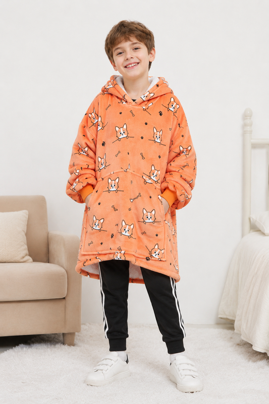 Kids Sherpa Hoodie Orange Dog Print – Oversized Wearable Blanket