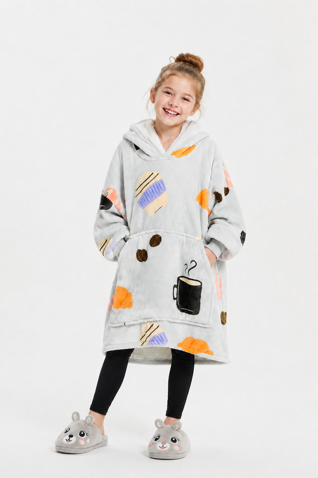 Kids Sherpa Hoodie Grey Coffee Print – Oversized Wearable Blanket