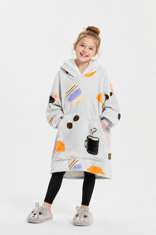 Kids Sherpa Hoodie Grey Coffee Print – Oversized Wearable Blanket