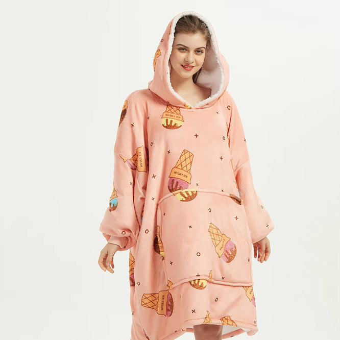 Kids Sherpa Hoodie Peach Ice Cream Print – Oversized Wearable Blanket