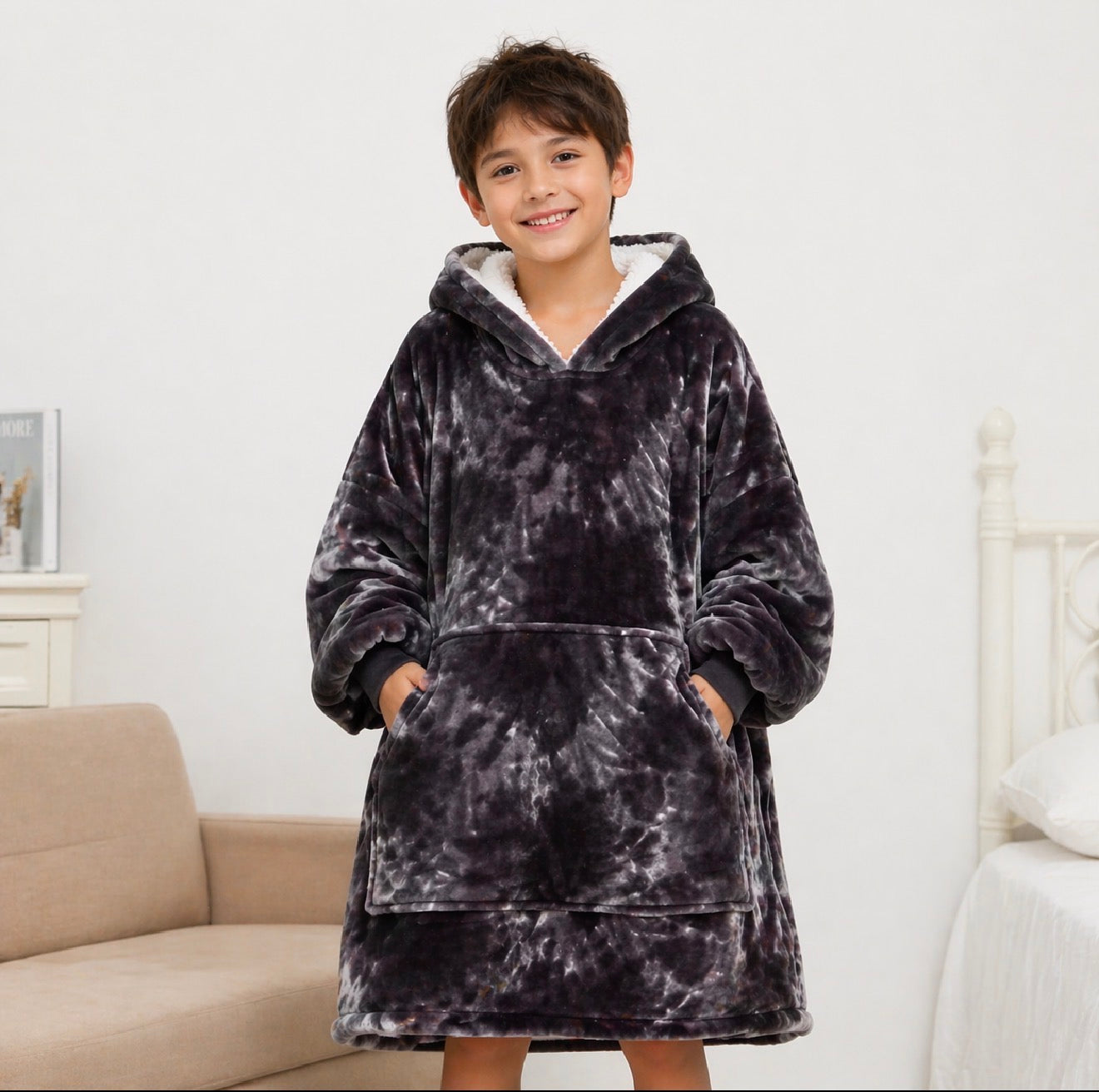 Kids Sherpa Hoodie Black Tie Dye – Oversized Wearable Blanket