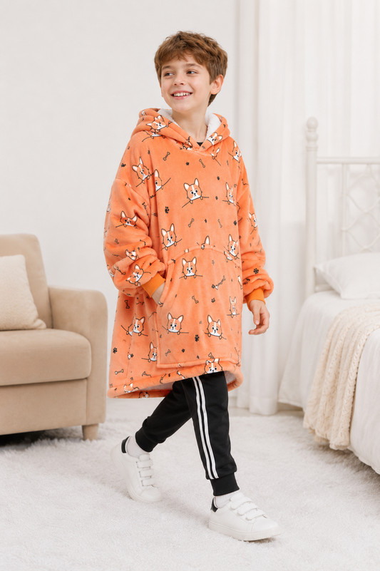 Kids Sherpa Hoodie Orange Dog Print – Oversized Wearable Blanket