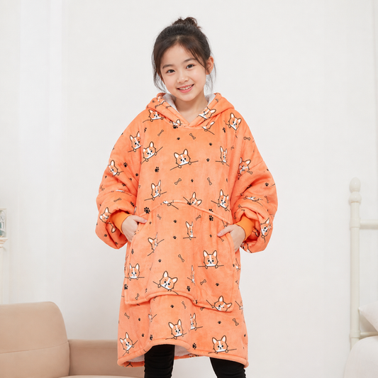 Kids Sherpa Hoodie Orange Dog Print – Oversized Wearable Blanket