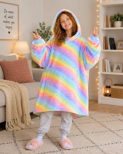 Kids Sherpa Hoodie Rainbow Stripe Print – Oversized Wearable Blanket