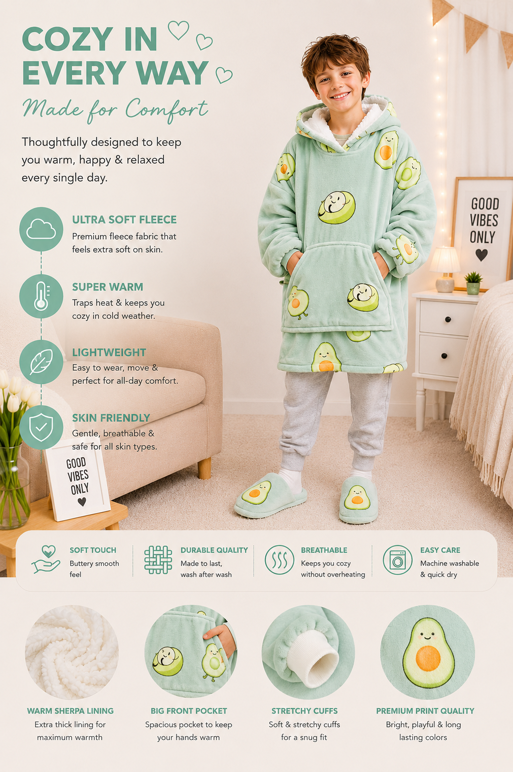 Kids Sherpa Hoodie Avocado Green – Oversized Wearable Blanket