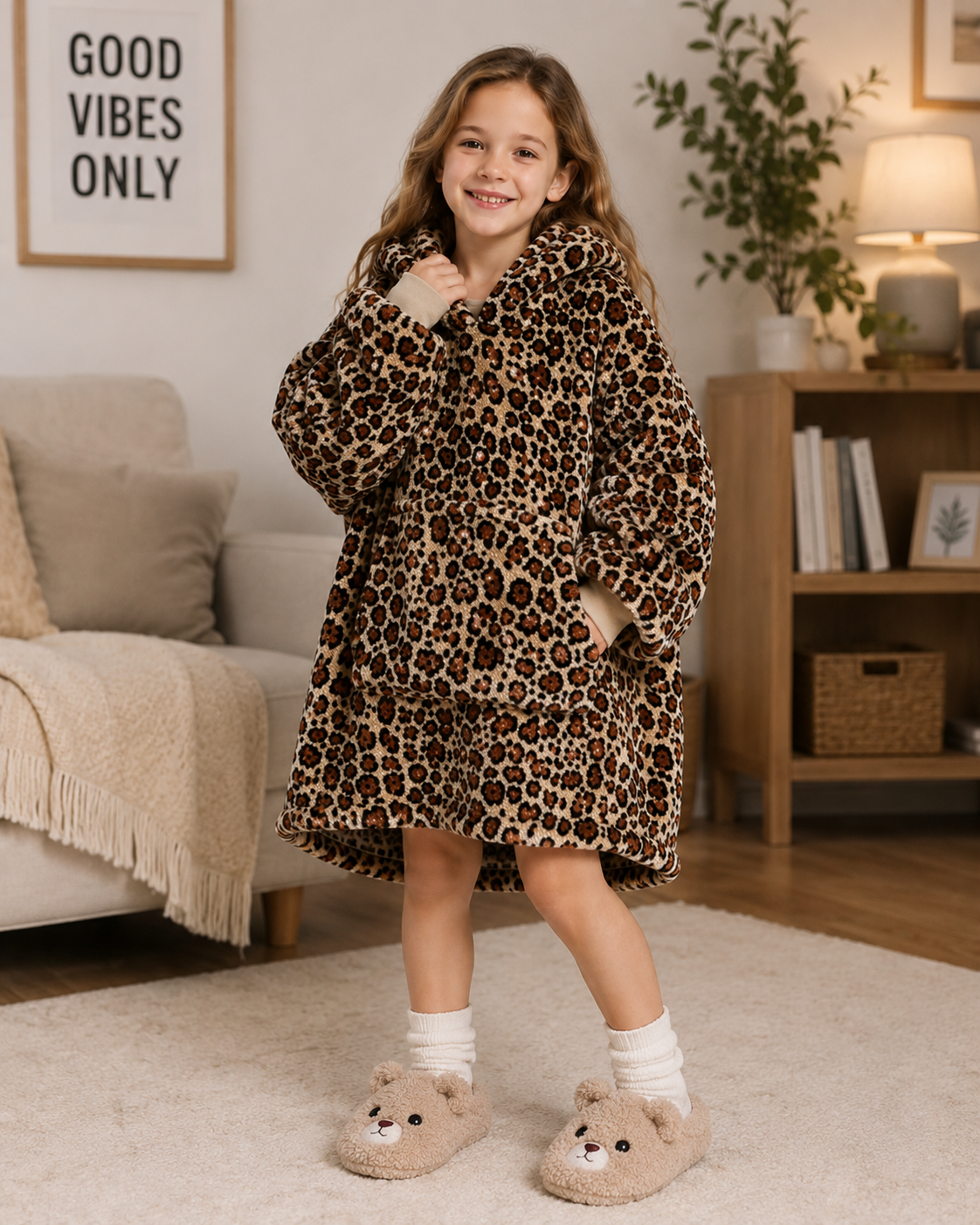 Kids Sherpa Hoodie Leopard Print – Oversized Wearable Blanket