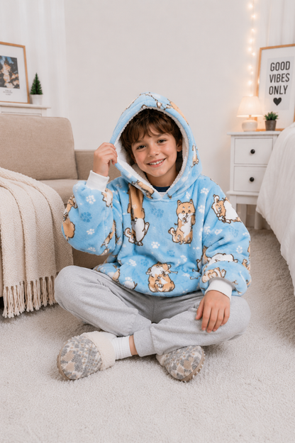 Kids Sherpa Hoodie Blue Dog Print – Oversized Wearable Blanket