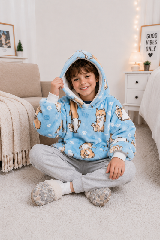 Kids Sherpa Hoodie Blue Dog Print – Oversized Wearable Blanket