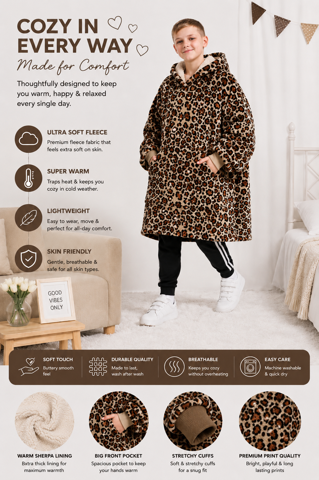 Kids Sherpa Hoodie Leopard Print – Oversized Wearable Blanket