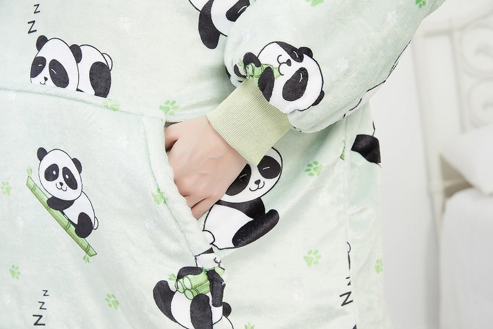 Kids Sherpa Hoodie Mint Green Panda Print – Oversized Wearable Blanket