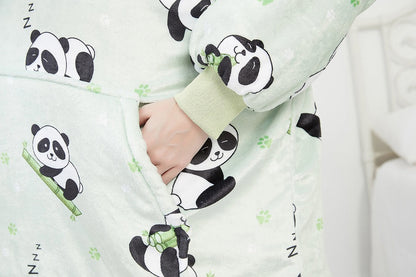 Kids Sherpa Hoodie Mint Green Panda Print – Oversized Wearable Blanket