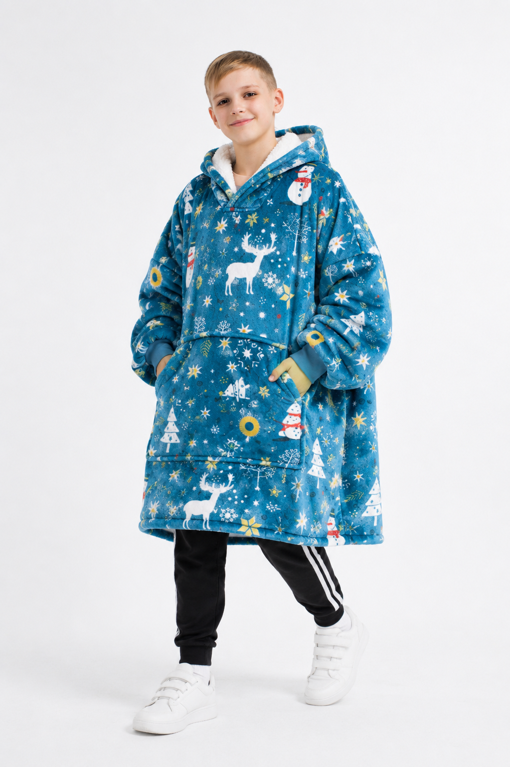Kids Sherpa Hoodie Blue Christmas Print – Oversized Wearable Blanket