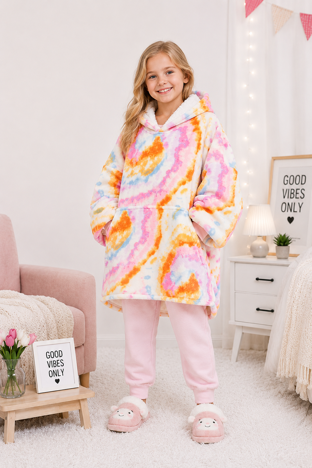 Kids Sherpa Hoodie Pastel Tie Dye – Oversized Wearable Blanket