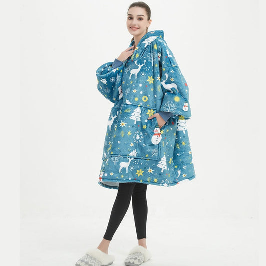 Kids Sherpa Hoodie Blue Christmas Print – Oversized Wearable Blanket