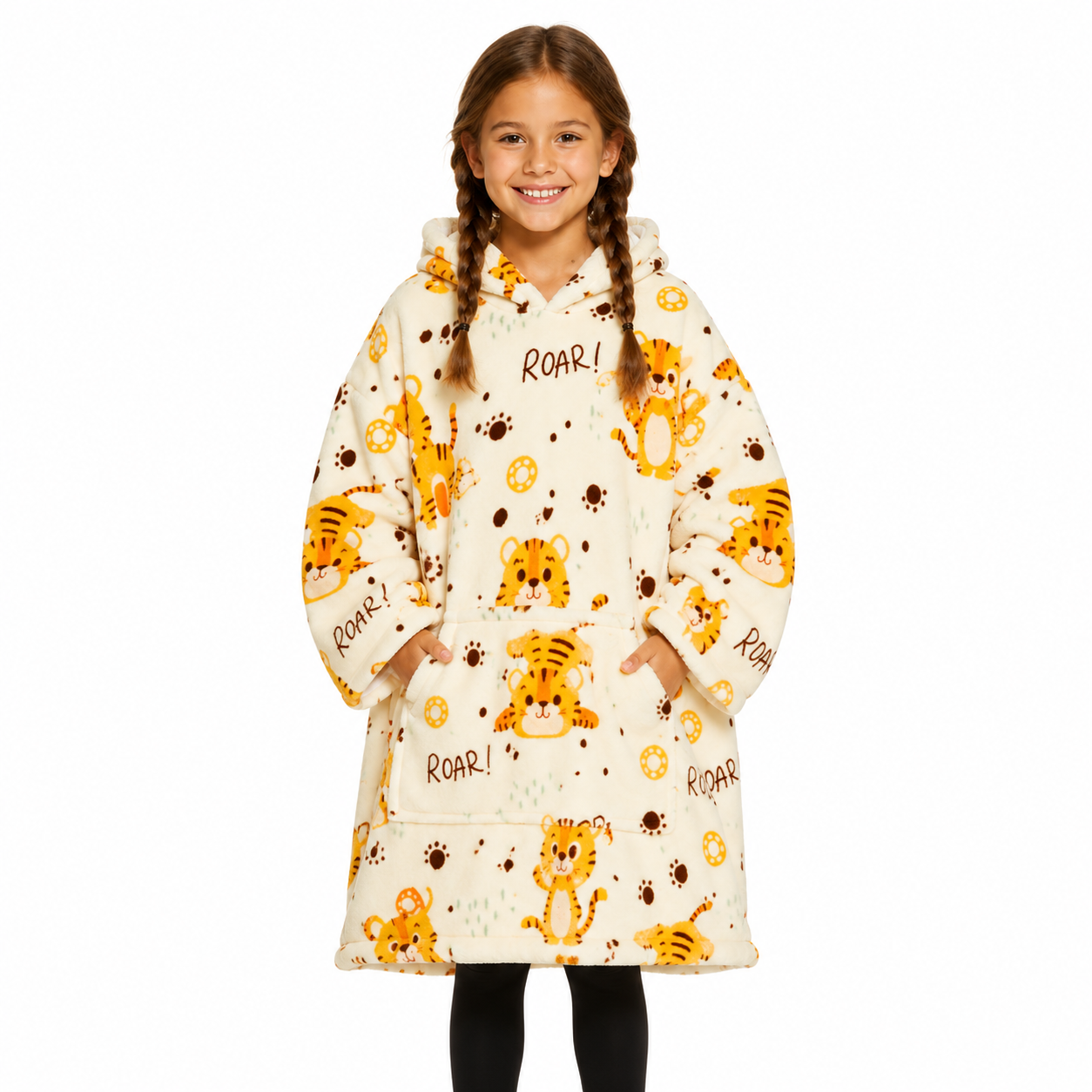 Kids Tiger Print Sherpa Hoodie Blanket – Oversized Wearable Blanket