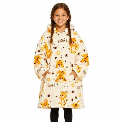 Kids Tiger Print Sherpa Hoodie Blanket – Oversized Wearable Blanket