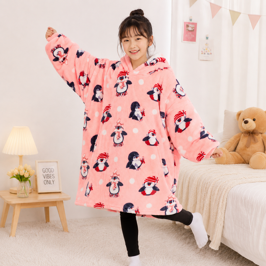 Kids Sherpa Hoodie Pink Penguin Print – Oversized Wearable Blanket