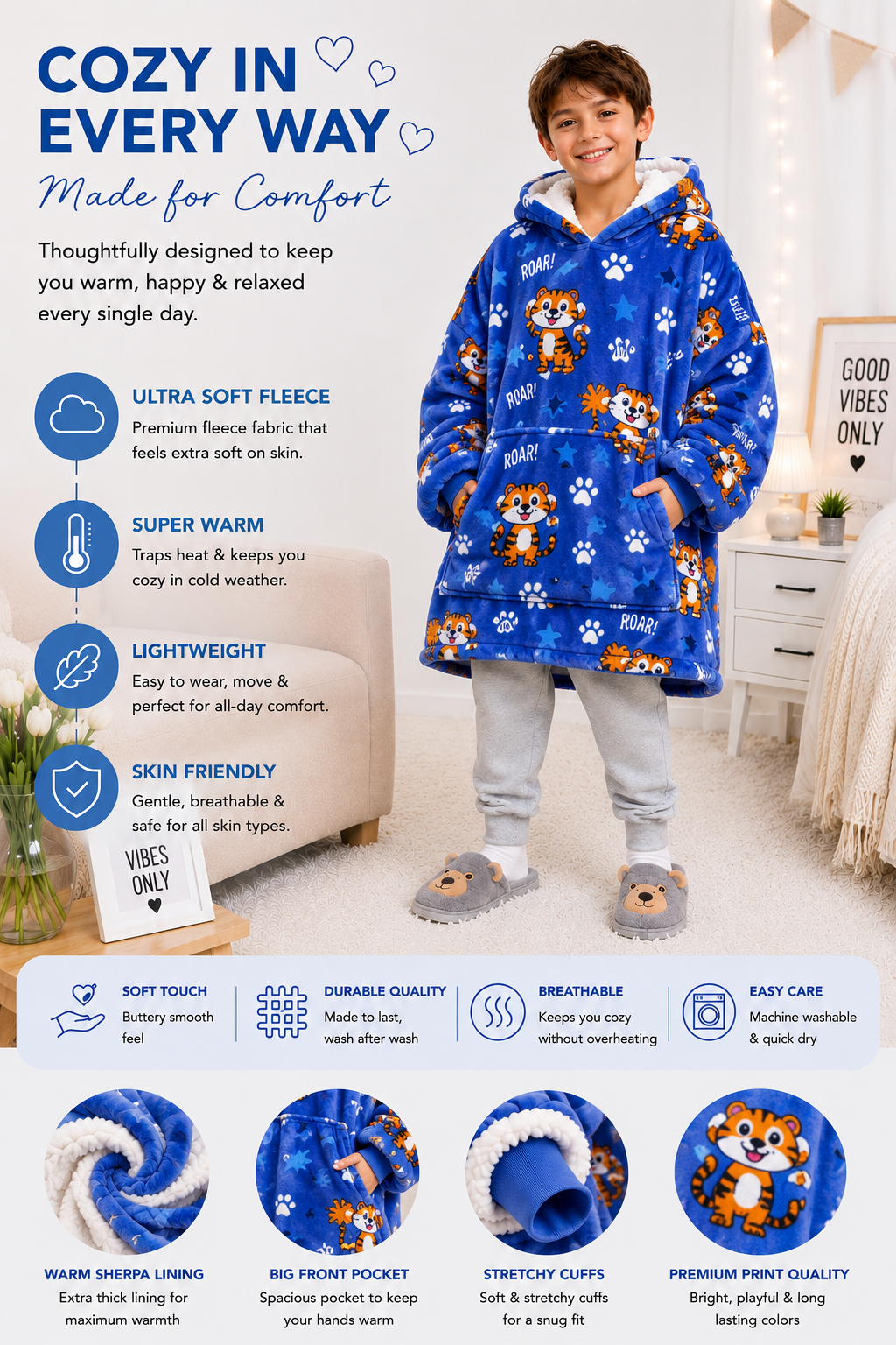 Kids Sherpa Hoodie Blue Fox Print – Oversized Wearable Blanket