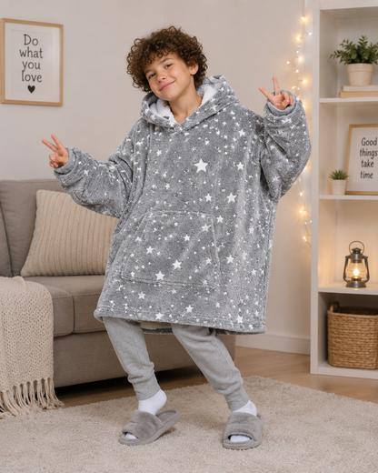 Kids Sherpa Hoodie Grey Star Print – Oversized Wearable Blanket