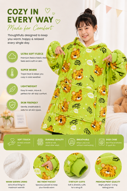 Kids Sherpa Hoodie Green Tiger Print – Oversized Wearable Blanket