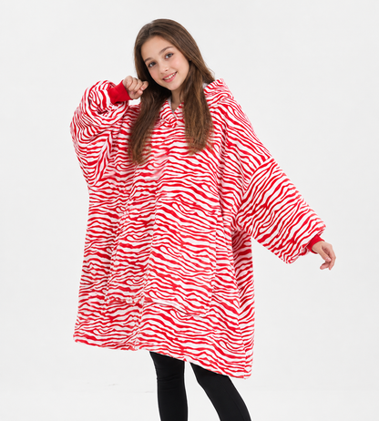 Kids Sherpa Hoodie Red Zebra Print – Oversized Wearable Blanket