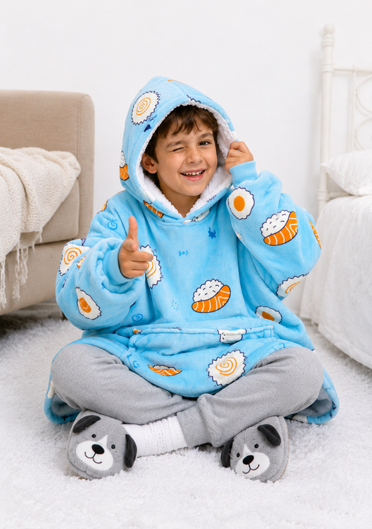 Kids Sherpa Hoodie Blue Sushi Print – Oversized Wearable Blanket