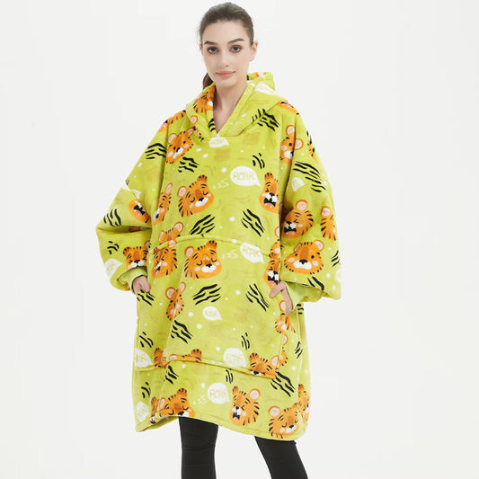 Kids Sherpa Hoodie Green Tiger Print – Oversized Wearable Blanket