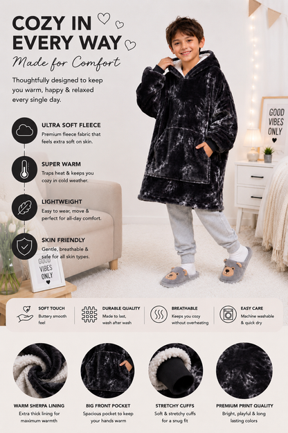 Kids Sherpa Hoodie Black Tie Dye – Oversized Wearable Blanket