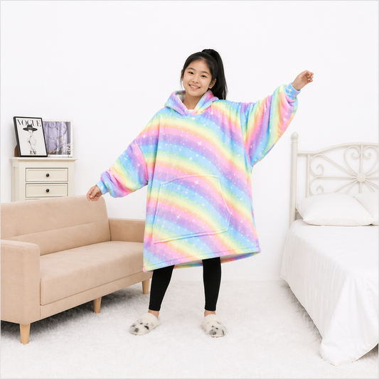 Kids Sherpa Hoodie Rainbow Stripe Print – Oversized Wearable Blanket