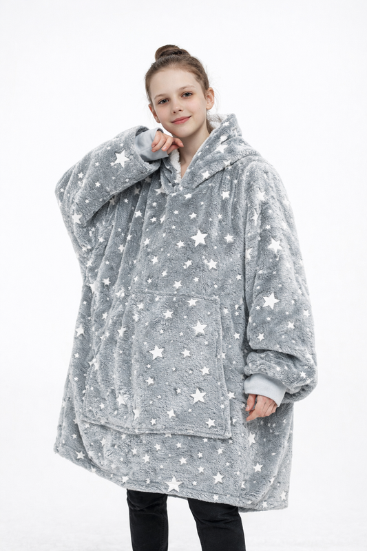 Kids Sherpa Hoodie Grey Star Print – Oversized Wearable Blanket