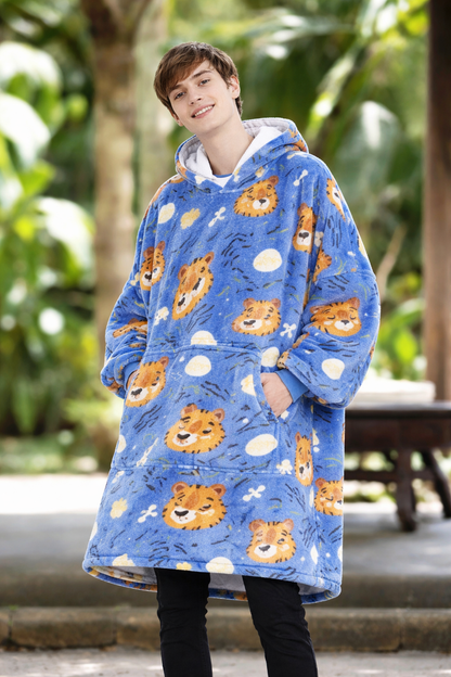 Kids Sherpa Hoodie Blue Tiger Print – Oversized Wearable Blanket