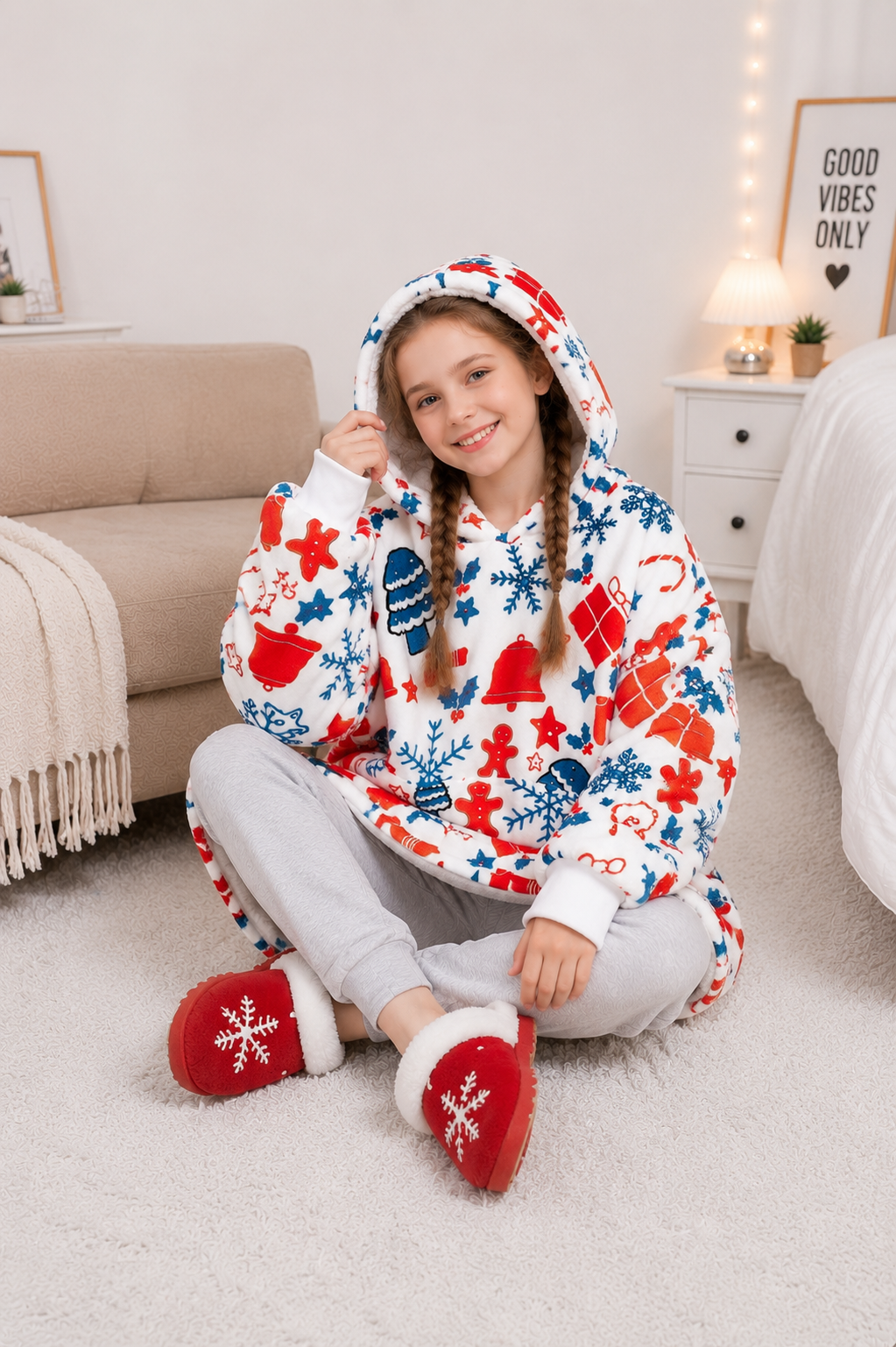 Kids Sherpa Hoodie Christmas Print – Oversized Wearable Blanket