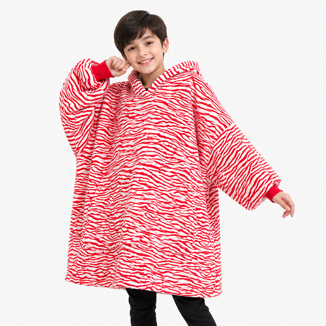 Kids Sherpa Hoodie Red Zebra Print – Oversized Wearable Blanket