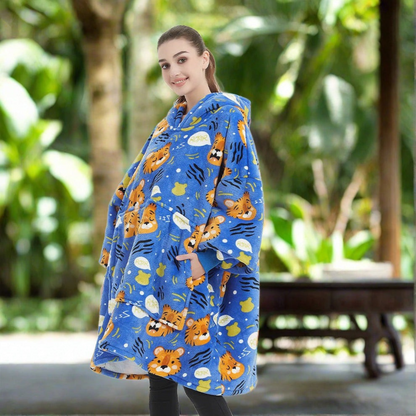 Kids Sherpa Hoodie Blue Tiger Print – Oversized Wearable Blanket