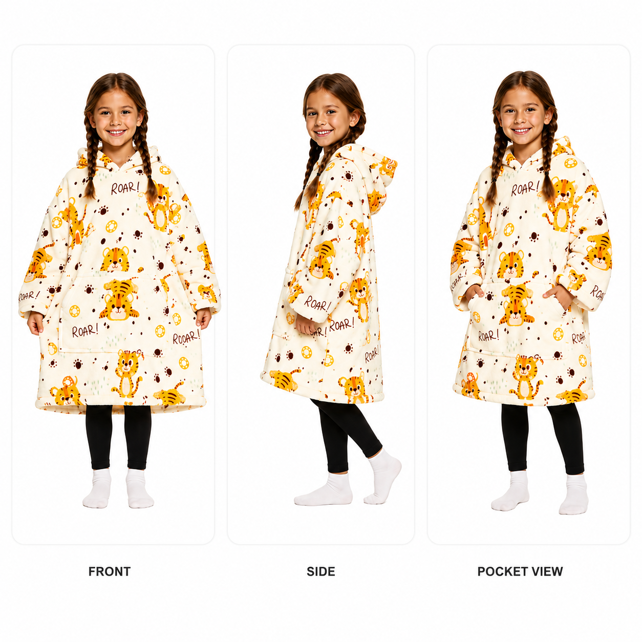 Kids Tiger Print Sherpa Hoodie Blanket – Oversized Wearable Blanket