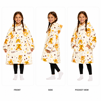 Kids Tiger Print Sherpa Hoodie Blanket – Oversized Wearable Blanket