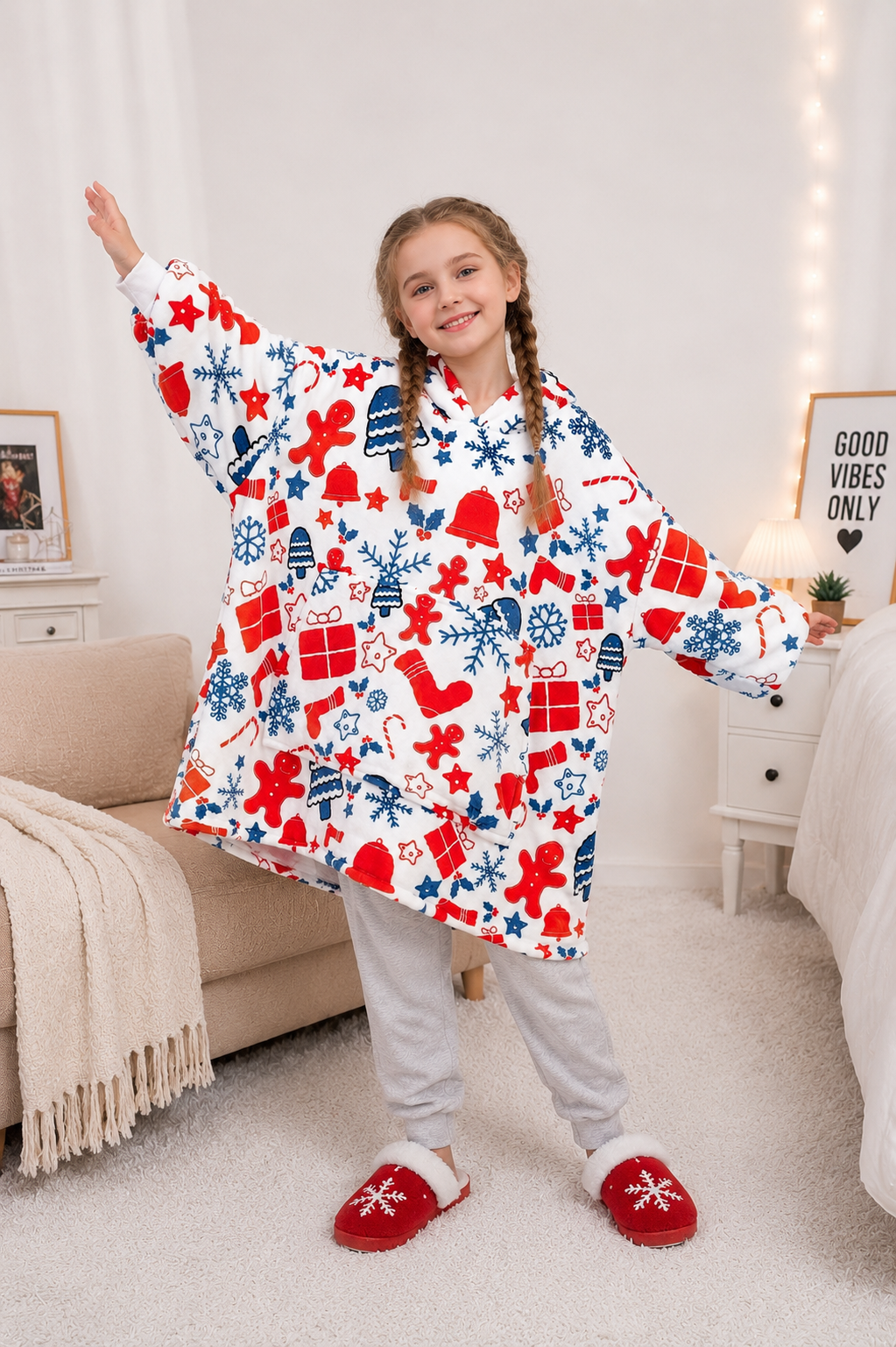 Kids Sherpa Hoodie Christmas Print – Oversized Wearable Blanket