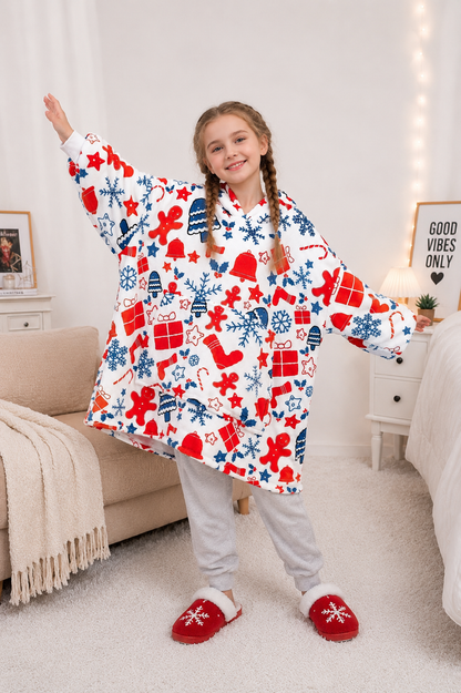 Kids Sherpa Hoodie Christmas Print – Oversized Wearable Blanket